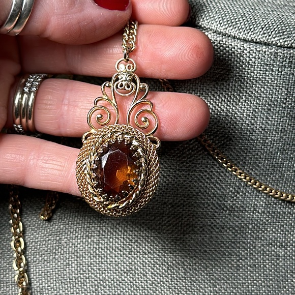 Vintage Pauline Amber Glass Cabochon Multi Chain Pendant Necklace - Picture 8 of 10